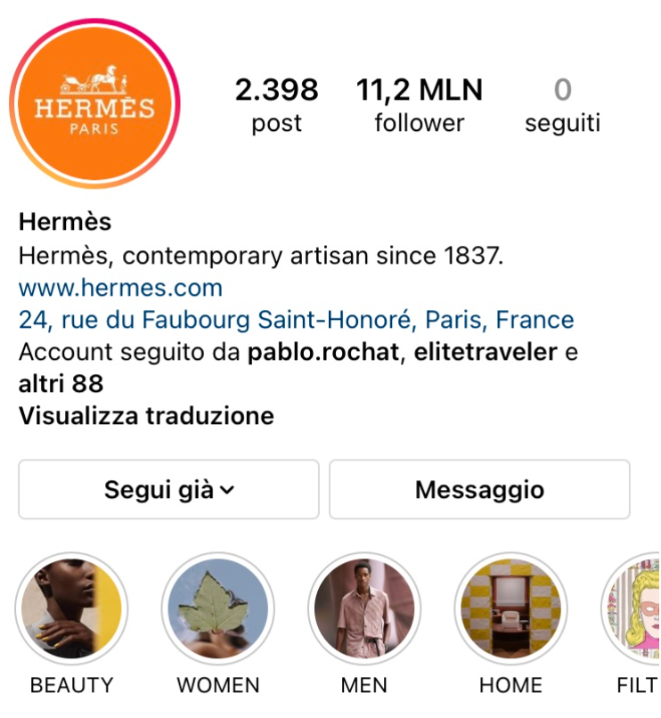 L'account Hermès su Instagram